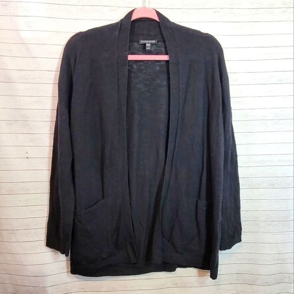 EILEEN FISHER ORGANIC LINEN BLACK OPEN FRONT CARDIGAN, SZ PETITE MEDIUM - Picture 1 of 15